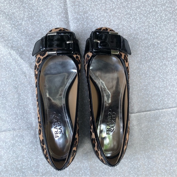 Franco Sarto Leopard Cap Toe Leather Ballet Flats with Buckle - Picture 2 of 11